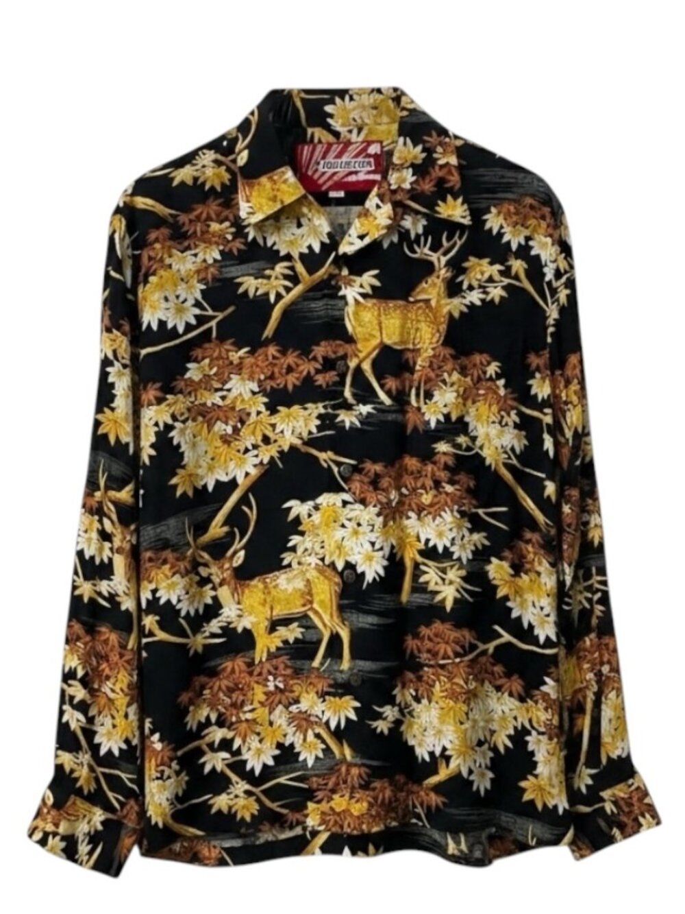 Houston Japan Rayon Shirt Large Stag Deer Print Autumn Maple Leaves Black Aloha